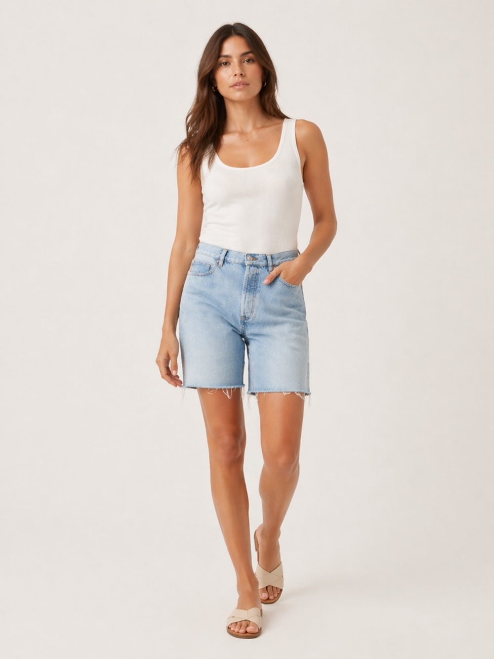 FRAME Whisper Bermuda Shorts High Rise Frayed Hem Denim 24